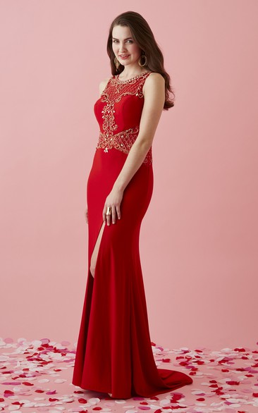 Jersey Scoop-neck Sleeveless Prom Dress With Crystal Detailing