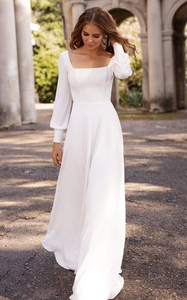 A Line Square Chiffon Floor-length Sweep Train Long Sleeve Open Back Button Wedding Dress