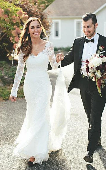 Plunged Lace Long Sleeve Wedding Dress With Appliques And Court Train