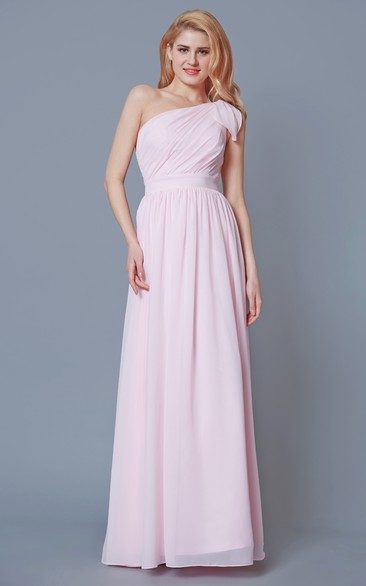 Ruched Satin Sash One-Shoulder Sleeveless Chiffon Gown