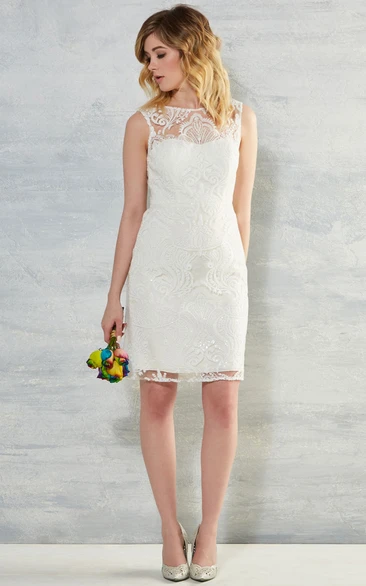 Pencil Scoop Sleeveless Short Lace Wedding/Cocktail Dress with Low-V Back and Illusion