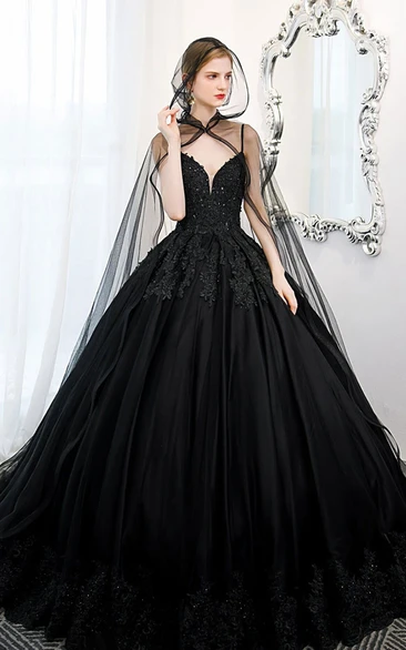 Gothic Black Ball Gown V Neckline Sleeveless Satin Wedding Dress with Appliques and Spaghetti Straps