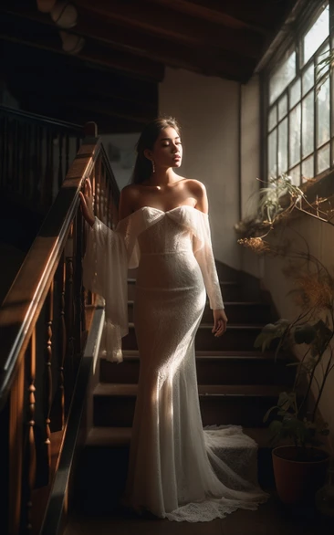 Off-the-shoulder Sheath Lace Elegant Poet-sleeve Lace Wedding Dress