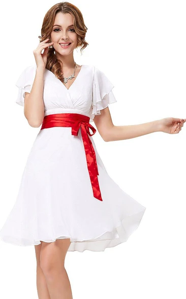 adorable Poet-sleeve A-line short Chiffon Dress With Satin bow