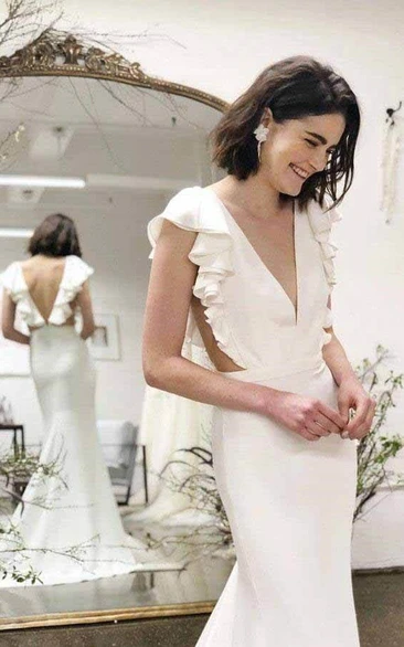 V-neck Draped Sleeve Sheath Solid Chiffon Wedding Dress