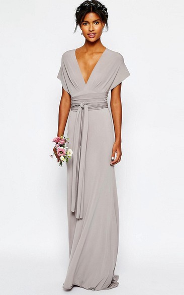 Plunged Poet-sleeve Jersey Long Dress With bow