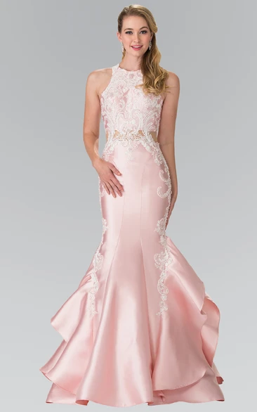 Jewel-Neck Mermaid Satin Sleeveless Prom Dress With Appliques