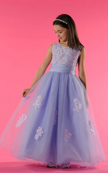 Princess Lace Top Tulle Scoop-Neckline Flower Girl Dress