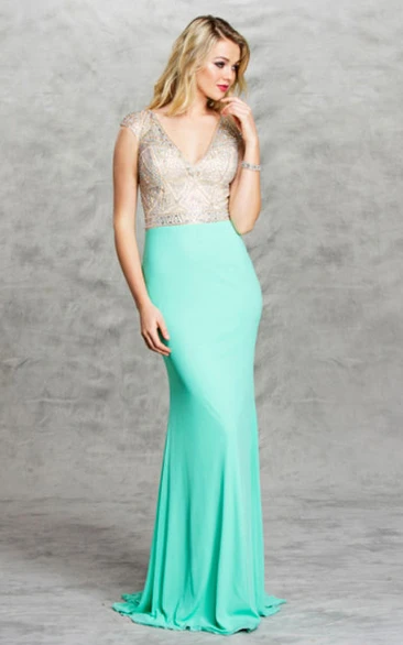 Plunged Cap-sleeve Sheath Jersey prom Dress With Beading And key hole