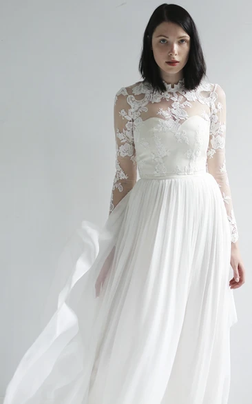 High Neck Illusion Lace And Chiffon Long Sleeve Wedding Gown