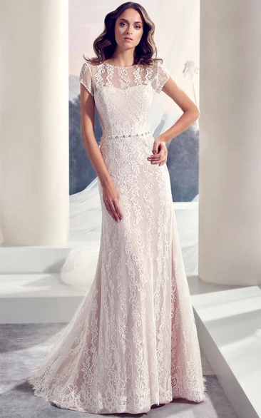 Short Sleeve Scoop-neck Lace Wedding Dress With Beading And Deep-V Back