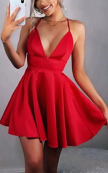 Spaghetti Sleeveless Red Plunged Empire A-line Short Prom Dress