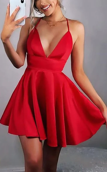 Spaghetti Sleeveless Red Plunged Empire A-line Short Prom Dress