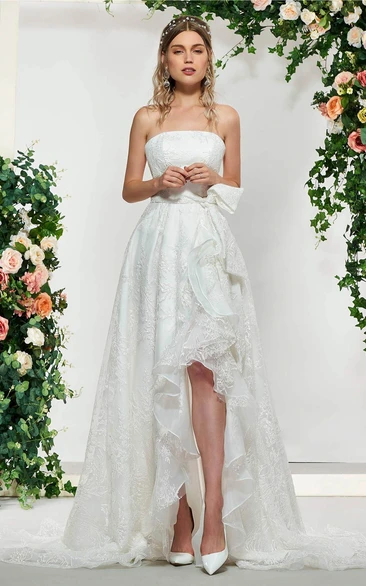 Adorable Sleeveless High-low Lace Bridal Gown With Sash And Bow