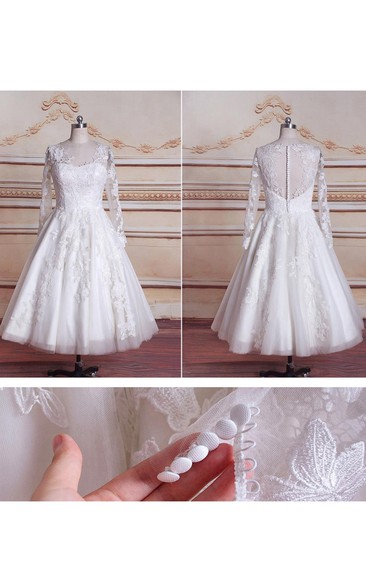 Lace Button Zipper Long-Sleeve Tea-Length Dress