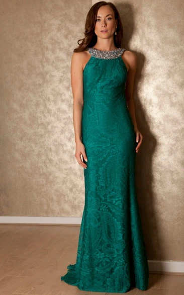 Sheath High Neck Sleeveless Floor-length Lace Mother Of The Bride Dress with Keyhole and Beading