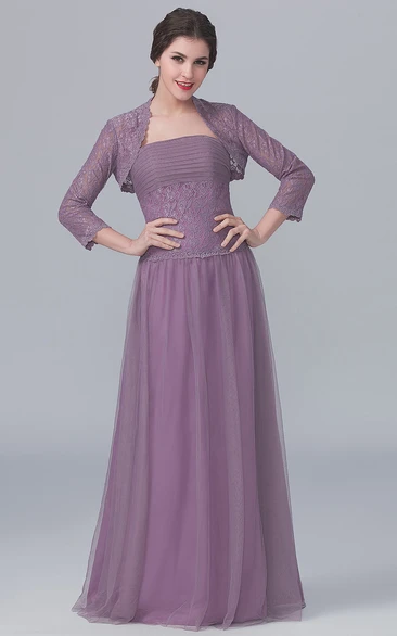 Long-Sleeved Lace Jacket A-Line Strapless Gown