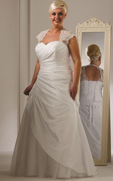 A Line Queen Anne Short Sleeve Floor-length Taffeta Wedding Dress with Corset Back and Keyhole