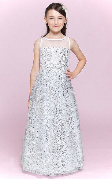 Sequin Floor-Length A-Line Jewel-Neckline Long Flower Girl Dress