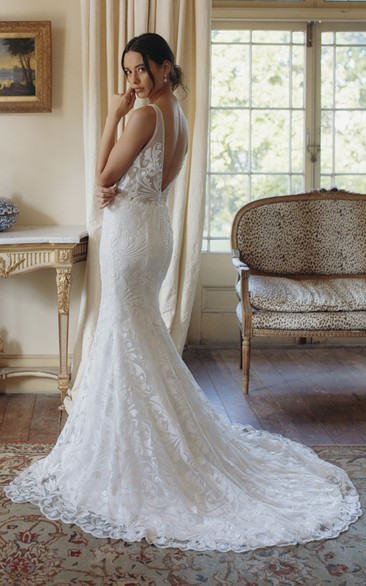 Sexy Mermaid Sleeveless Plunging V-neck Lace Bridal Gown With Deep V-back And Court Train