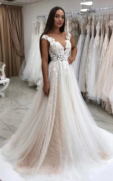 Cap Exquisite A-line Ball Gown Tulle Lace Applique Wedding Dress