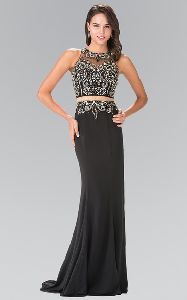 2-Piece Beaded Column Floor-Length Sleeveless Jewel-Neck Jersey Dress