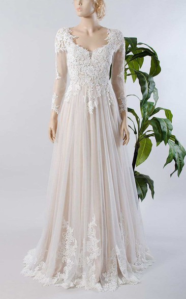 V-Neck Illusion Long Sleeve Lace Appliqued Tulle A-Line Pleated Wedding Dress