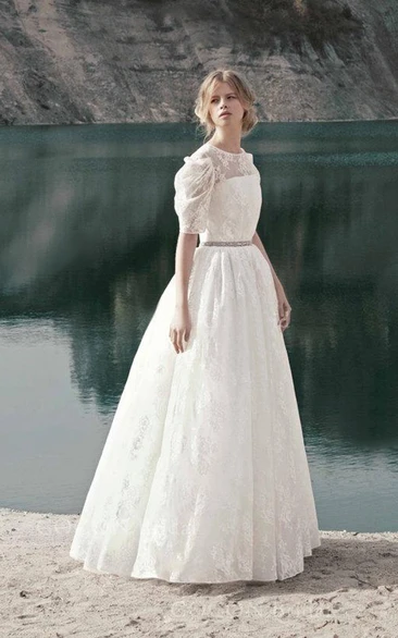 Jewel-Neck Lace Short Sleeve A-line Wedding Dress With Pleats And Jeweled Waist