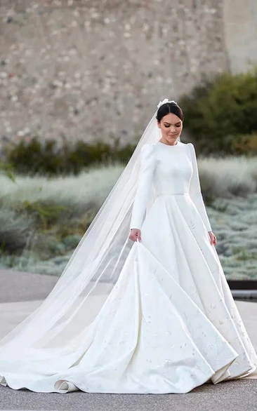 Jewel-neck Long Sleeve Empire A-line Satin Embroideried Wedding Dress