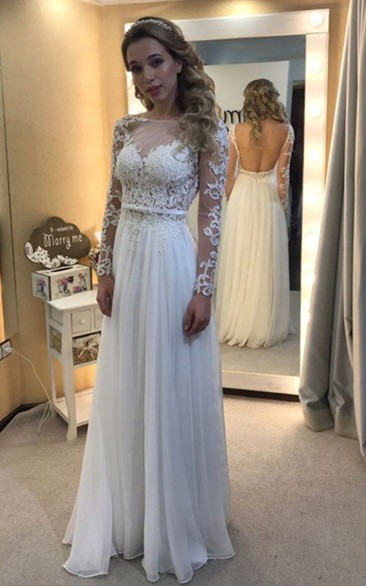 Bateau Chiffon Lace Illusion Long Sleeve Wedding Gown