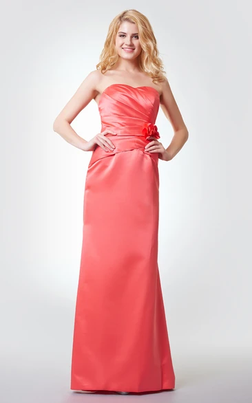 A-Line Long Floral Sleeveless Satin Ruched Dress