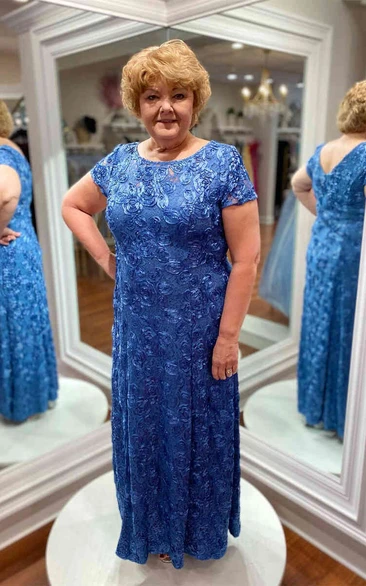 Cowl Neck Blue Color Appliques Short Sleeves Floor Length Mother of Bride Dress