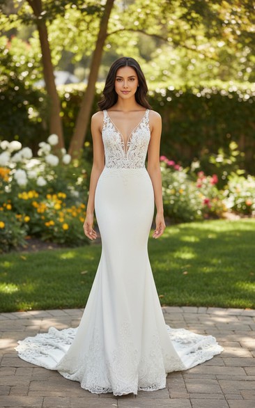 V-Neck Lace Fit and Flare Garden Wedding Dress