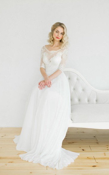 Scoop-neck Lace Half Sleeve Chiffon Wedding Dress With Low-V Back