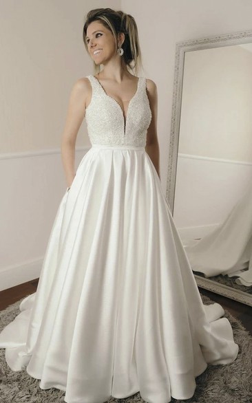 Simple Ballgown Elegant Plunging Sleeveless Beaded Satin Wedding Dress