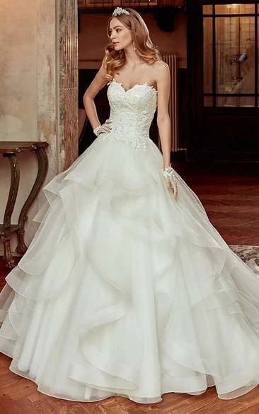 Ball Gown Sweetheart Sleeveless Floor-length Tulle Wedding Dress with Low-V Back and Ruffles