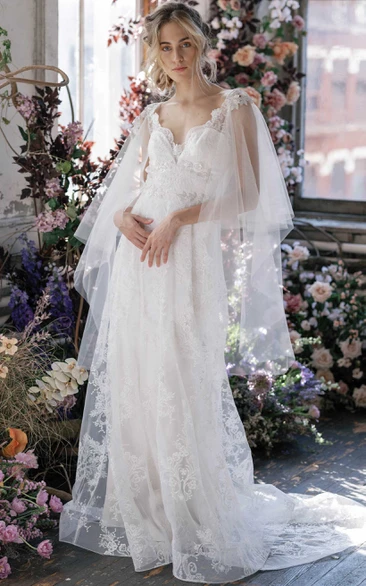 V-neck Lace Empire Sheath Maternity Low-v Back Wedding Dress with Tulle Wrap