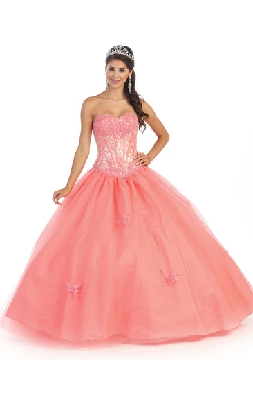 Sweetheart Appliqued Strapless Sleeveless Satin Tulle Lace-Up-Back Ball Gown