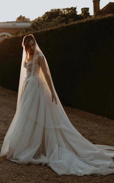 Sexy Cap Empire A-line Low-v Back Wedding Dress with Court Train