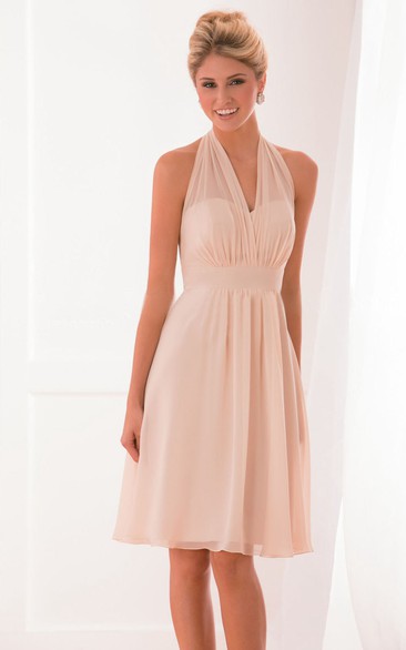 A Line V-neck Sleeveless Knee-length Chiffon Bridesmaid Dress with Open Back and Ruching