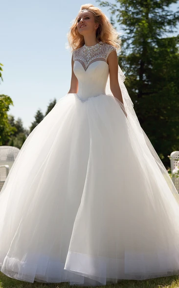 High Neck Cap-sleeve Tulle Ball Gown With Beading And Corset Back