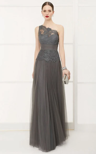 One-shoulder Sleeveless Tulle Appliqued Dress With Pleats