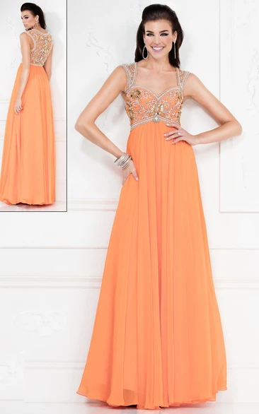 A-line Queen Anne Sleeveless Floor-length Chiffon Prom Dress with Illusion and Pleats