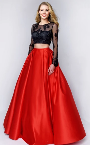 Scoop-neck Long Sleeve Illusion A-line Satin Two Piece Prom Dress