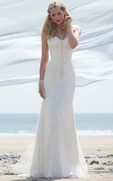 Sheath V-neck Sleeveless Floor-length Lace Wedding Dress with Spaghetti Straps