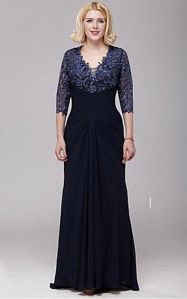 V-neck A-line Lace and Chiffon  3/4 Sleeve Floor Length Mother of the Bride Dress