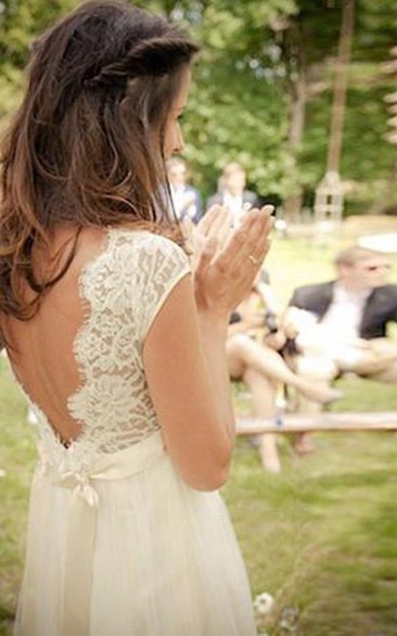 V-neck Chiffon Lace Cap Short Sleeve Wedding Gown