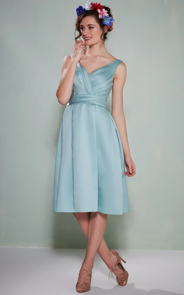 A Line V-neck Sleeveless Tea-length Satin Bridesmaid Dress with Low-V Back and Ruching