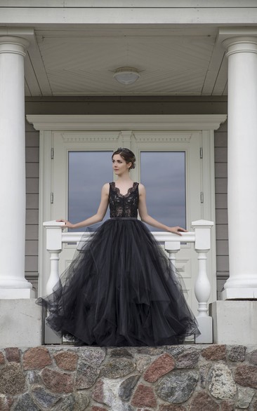 Floor-length Straps Black Wedding Dress A-Line Sleeveless Low-V Back With Ruffles Sash-Ribbon