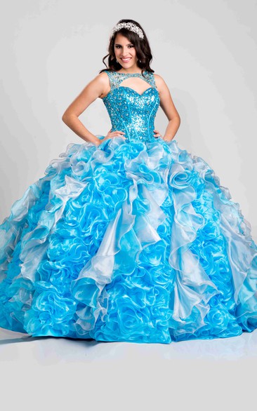 Keyhole Cascading Ruffled Back Sequined-Bodice Ball Gown
